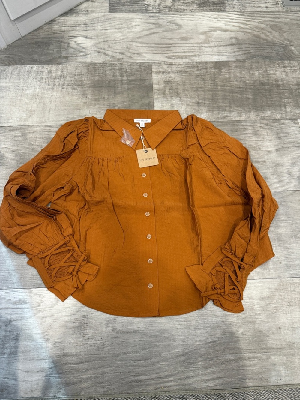 Blu Pepper Women's Rust Button-Down Blouse with Lace-Up Sleeves